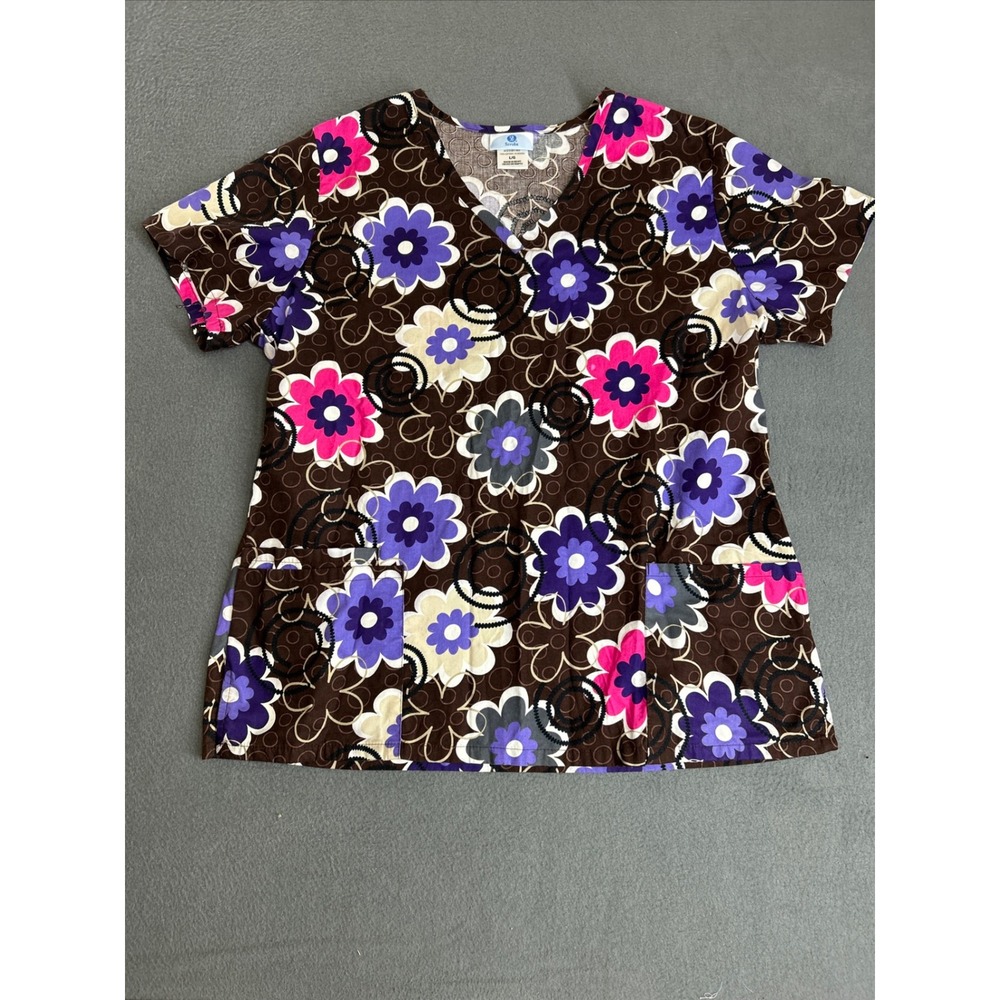 SB Scrubs Top Womens L Brown Floral V-Neck Short Sleeve 100% Cotton Pockets